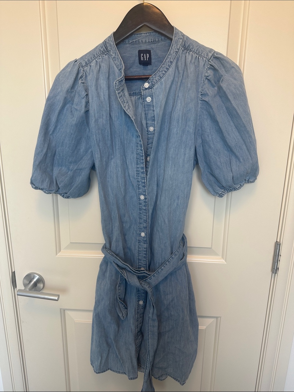 GAP Light Blue denim Puff-Sleeve Button Front Mini Dress